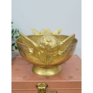 Vintage Copper & Brass Double Angel Pedestal Bowl - Hollywood Regency Home Decor